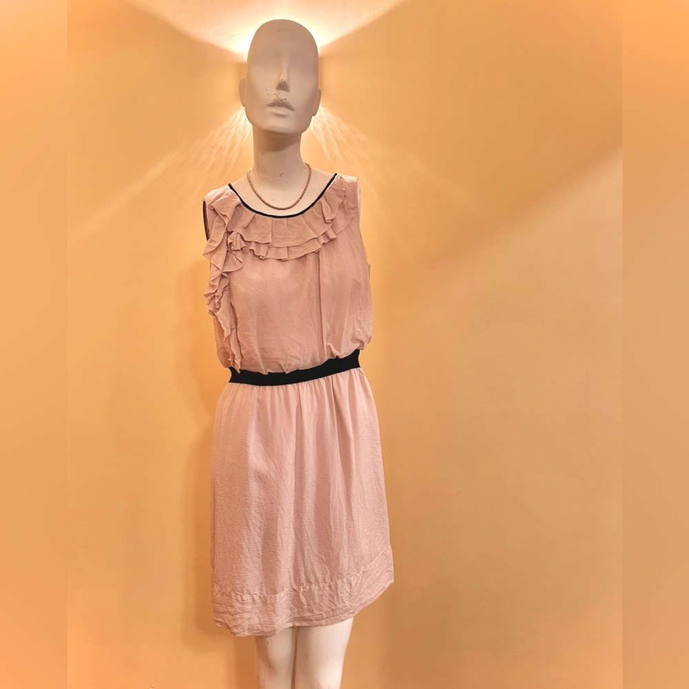 Beautiful Blush Silk LOFT Dress with Ruffles and Ribbon Accents. NWOT.